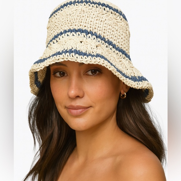 Paper Braid Crochet Bucket Hat, Cream/Navy, Casual, weekend, Beach, Vacation, OS - Picture 1 of 7